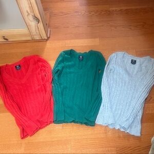 American Eagle Red, Green, and Gray V-Neck Sweaters